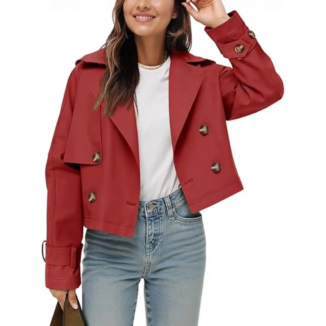 Imily Bela Womens Cropped Trench Coat Lapel Double Breasted Short Jacket Outwear