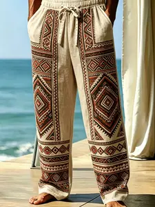Men's Ethnic Boho Print Linen Pants, Loose-Fitting Long Beachwear, Holiday Style, All Seasons, Casual Men's Trousers, Boho Festival Trousers