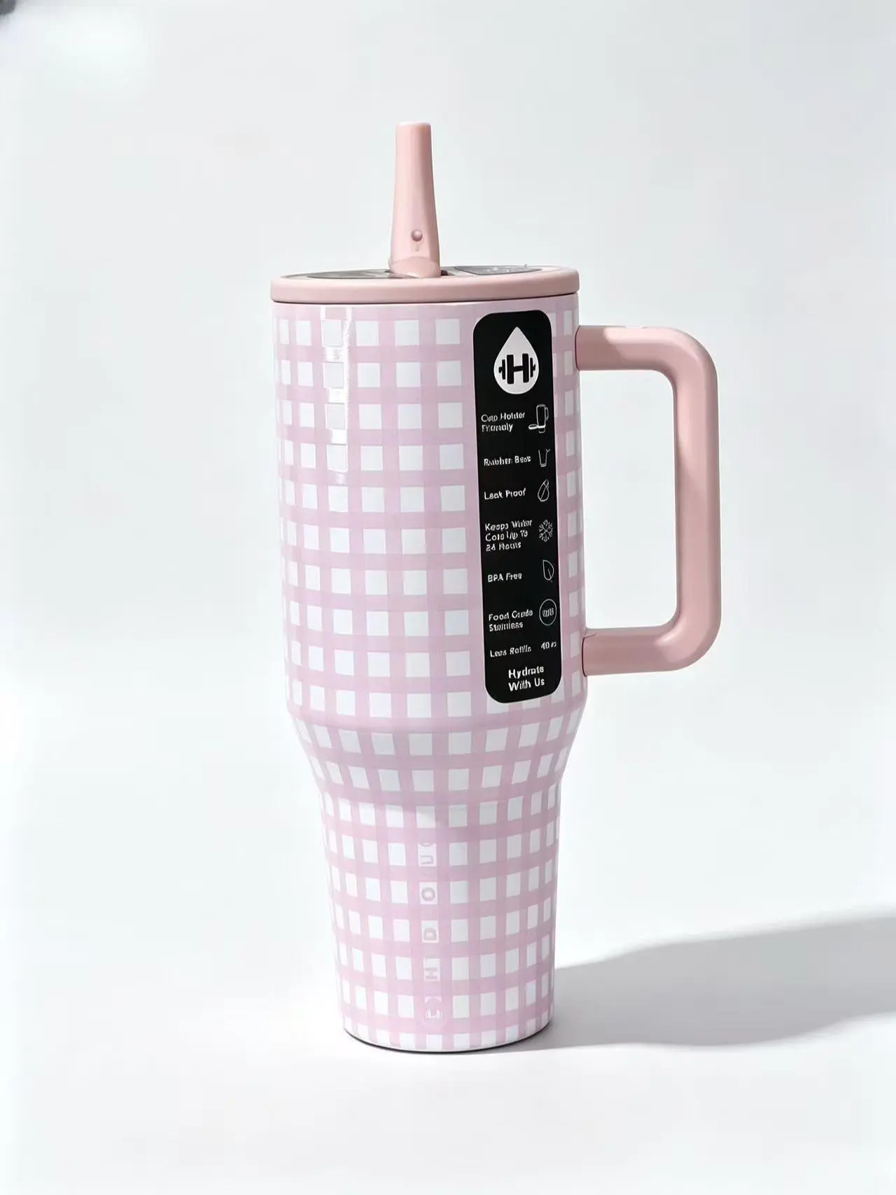 HydroJug Pink Gingham 40oz Insulated Tumbler with Handle - Leak Proof, 24H Cold Keep, Cup Holder Friendly, BPA-Free Stainless Steel Water Bottle for Women, Iced Coffee & Car Use Drinkware Flasks