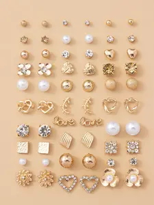 Matching Mixed Styles Stylish Floral, Letter & Heart Design Stud Earrings Set, 30 Pairs Faux Pearl Stud Earrings Set, 2024 Fashion Ear Vintage Jewelry for Women & Girls
