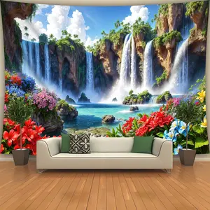 1PC,2D Flat Banner Dreamy Waterfall & Flower Backdrop, Natural Landscape Tapestry, Tropical Green Plants & Fresh Flowers Photography Decor Cloth, Wall Decor Background Curtain for Bedroom, Living Room