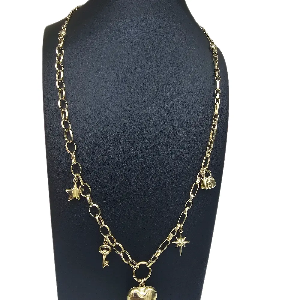 Gold Chain Necklace with Star Heart and Key Charms for Women's Fashion Jewelry