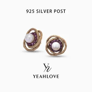 YEAHLOVE Vintage Twisted Gold Pearl Stud Earrings  925 sterling silver posts — hypoallergenic, sensitive ears friendly. Amethyst accent + luxury statement style. Elegant for daily wear or special occasions.