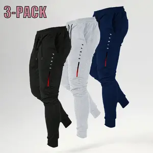 Men's 3-Pack Jogger Set - All-Season Outdoor Uncuffed Streetwear, Soft Breathable Machine-Washable Non-Transparent Print Multi-Pack Athleisure Pants (Black, Gray, Navy), Non-Transparent Men's Pants