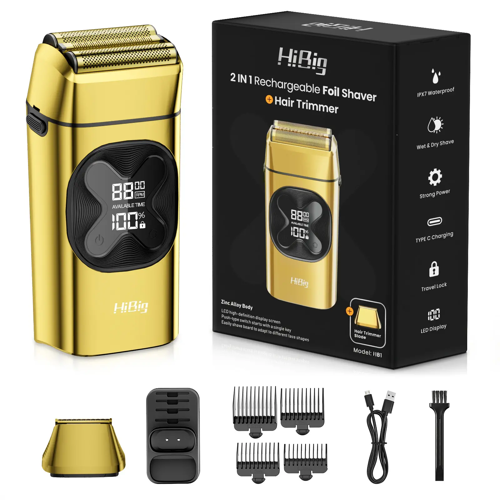 HIBIG Pro Double Foil Shaver for Men, 2-in-1 Rechargeable Beard Trimmer & Hair Clippers, IPX7 Waterproof Electric Razor for Wet & Dry Use with LED Display, Anti Nick Waterproof Hair Trimmers & Clippers, Battery Operated Rechargeable Hair Trimmers & Clippe