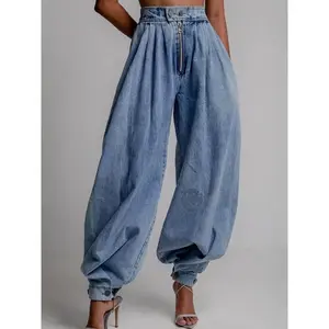 Women’s high-waisted pleated balloon jeans — baggy wide-leg denim pants with a front zipper and adjustable cuffed ankles — Y2K-inspired loose fit for all seasons