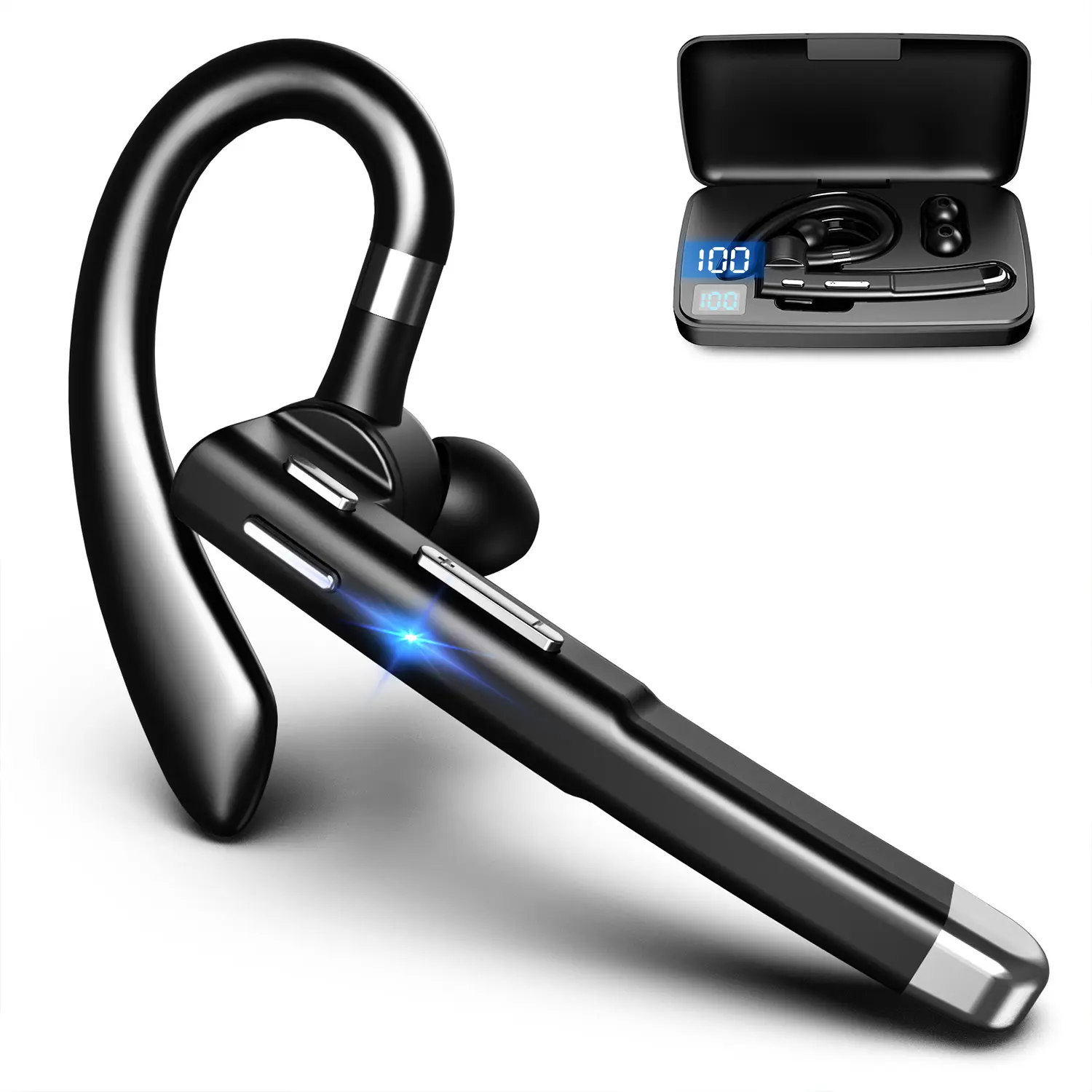 Wireless Single Ear Bluetooth Earpiece, 270° Rotatable Noise Cancelling Single Ear Hook Wireless Earpiece Mic for Waterproof Handsfree Headphones for Business Office Travel Sports, Men Electronic Gift