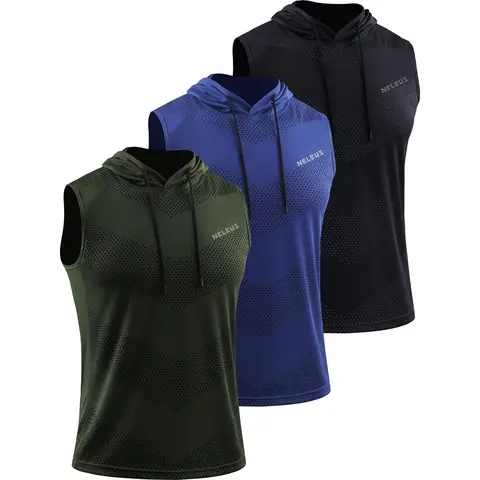 Neleus Men's 3-Pack Dry Fit Polyester Hooded Sleeveless Sports Vest - Dry Fit Active Fitness Clothes, Anti-Perspiration Athletic Sleeveless Sports Top, Machine Washable for Running, Boxing