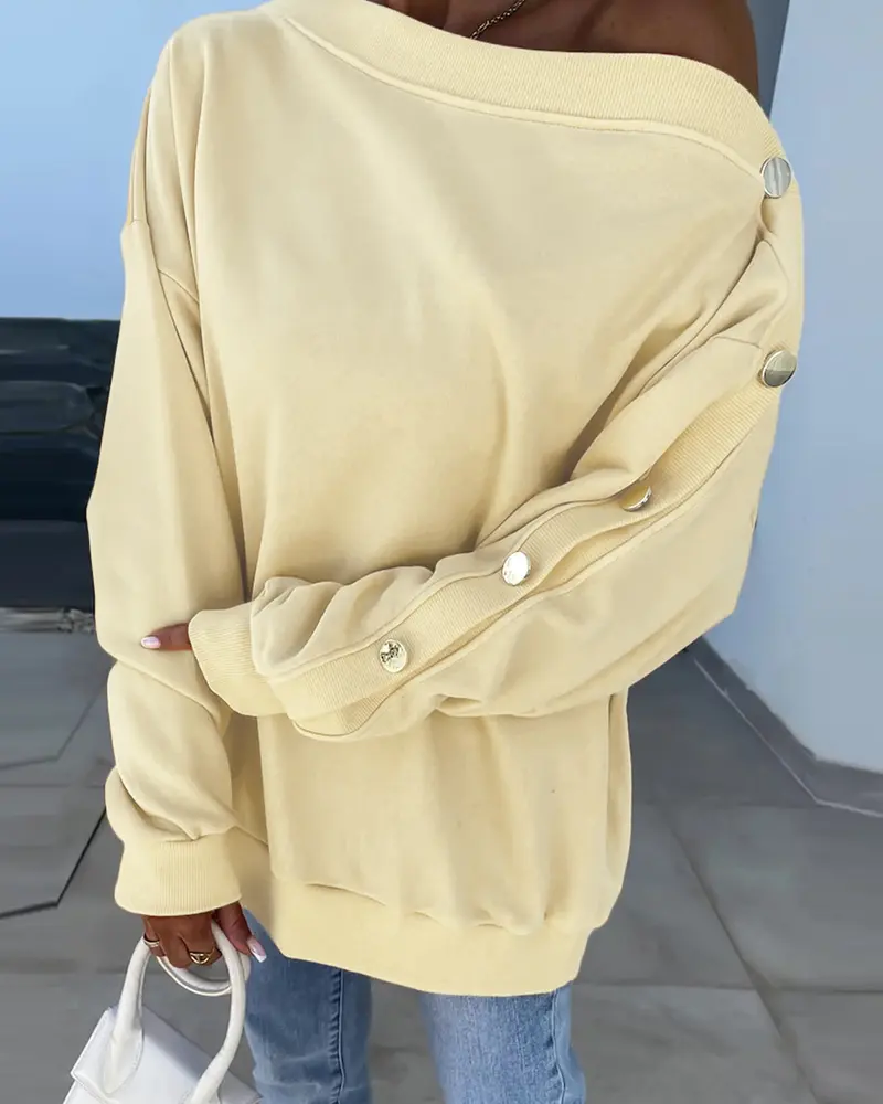 CHICME Women's Skew Neck Buttoned Sweatshirt Casual Long Sleeve Pullover Tops Outfits