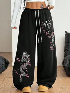 Women's Casual Sweatpants, Lightweight Loose Knit Fabric, Wide Leg Design, Drawstring Waist, Comfortable Fashion, Print