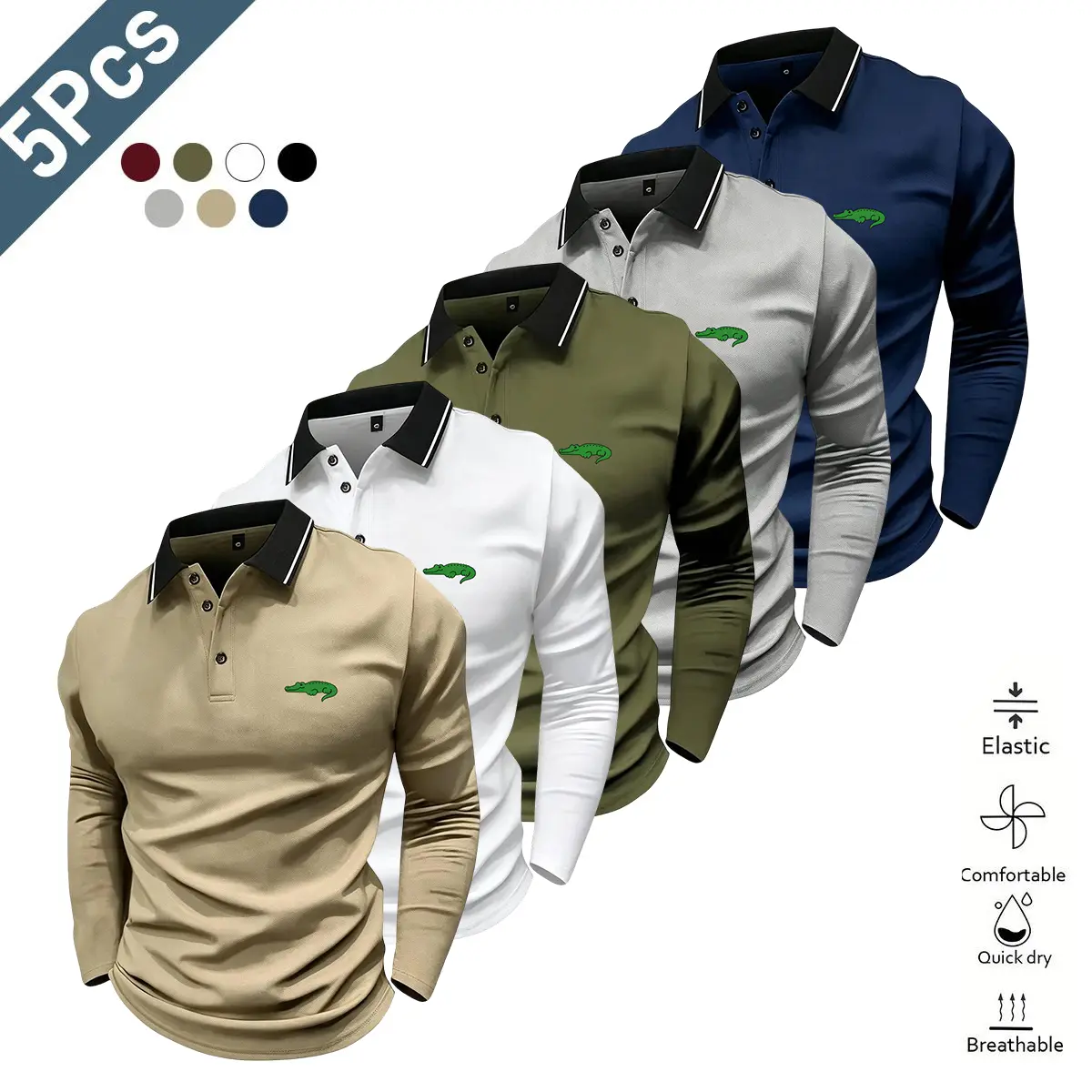Men’s Spring New Knit Polo Shirt Set - Menswear, Classic Notched Collar, Long Sleeves, Stylish Minimalist Geometric Crocodile Print, Lightweight Breathable Soft Skin-Friendly Polyester Fabric, All Seasons, Suitable for Outdoor Golf & Everyday Casual