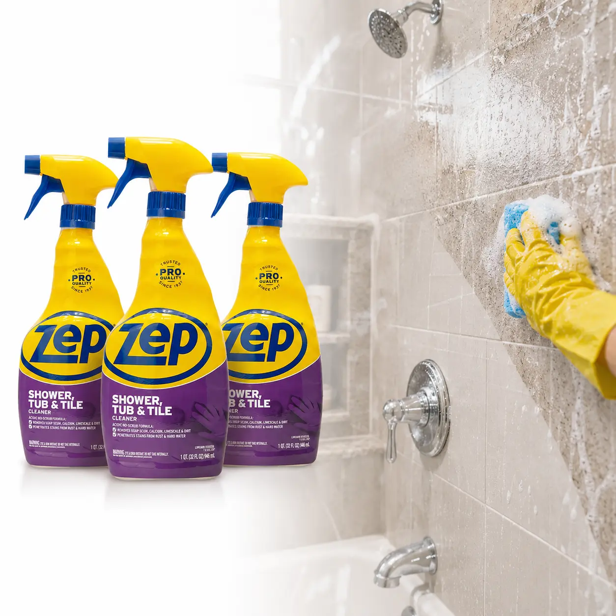 ZEP 32 oz. Shower Tub and Tile Cleaner, bathroom cleaner, soap scum remover, hard water stain remover, limescale remover, calcium deposit remover, acid-based cleaner, no scrubbing, spray and rinse, ceramic tile, porcelain tile, acrylic, fiberglass