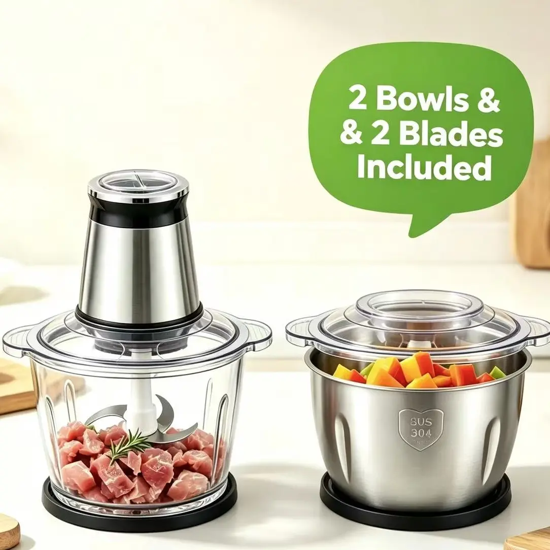 2L Mini Baby Food Processor & Meat Grinder - Pure Copper Motor, Quiet Design, 2 Dishwasher-Safe Blades & Bowls for Homemade Puree/Nuts