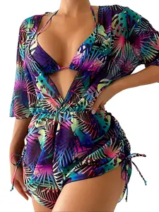 Three-piece Set Women's Plants Print Swimsuit Set, Including Swimsuit Cover Up & Halter Top & Panty, Fashion Chic Ladies Bathing Suit for Beach Holiday Vacation, Leaf Print Bikini