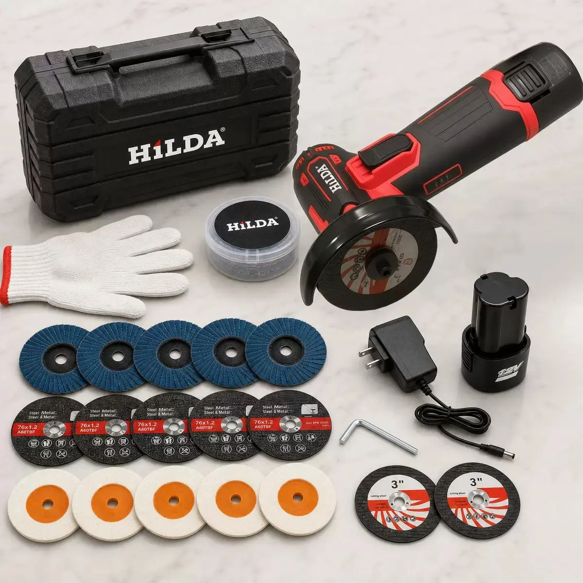 IRONFIX Cordless Angle Grinder Full Kit - 12V Power Tools, 19500rpm Mini Multi-Material Handheld Angle Grinding Machine, 1100g Portable Battery-Powered Cutter with 2x2000mAh Batteries, 6 Cutting Discs, Glove Compatible for Metal, Home Improvement, Cordles