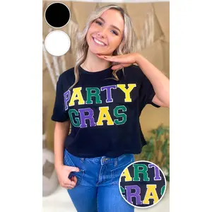 Party Gras Soft Chenille Graphic Crop Top T-Shirt