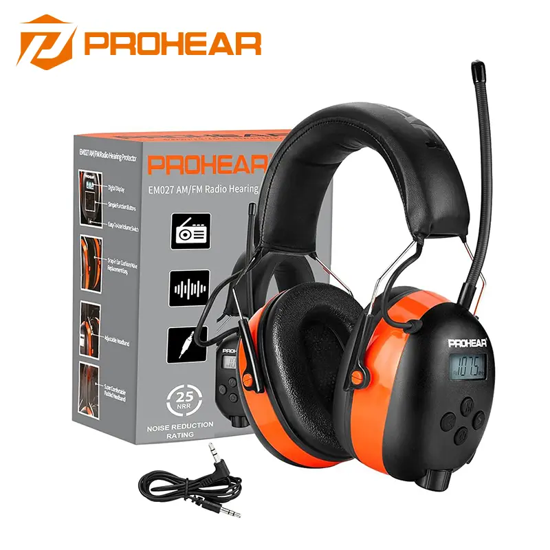 PROHEAR 027 Lightweight Comfy AM/FM Radio Safety Earmuffs - 25dB NRR Hearing Protection Headset with Digital LCD Screen, 3.5mm AUX Input for Mowing, Workshop, Construction Use