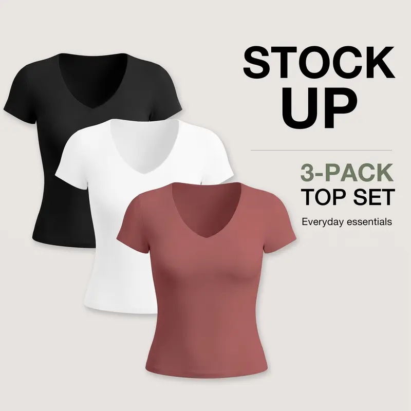 PUMIEY【3 Piece Set】Snatched V Neck Fitted T-Shirt, Double Layer Not See-Through, Buttery Soft Stretch Tee, Minimal Everyday Essential