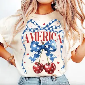 America Cherries T-Shirt, Coquette Cherry Bow Tee, Trendy July 4th Shirt, 4th of July Woman Shirt, Usa Flag Shirt, Preppy Girly Usa Gift,  Womenswear
