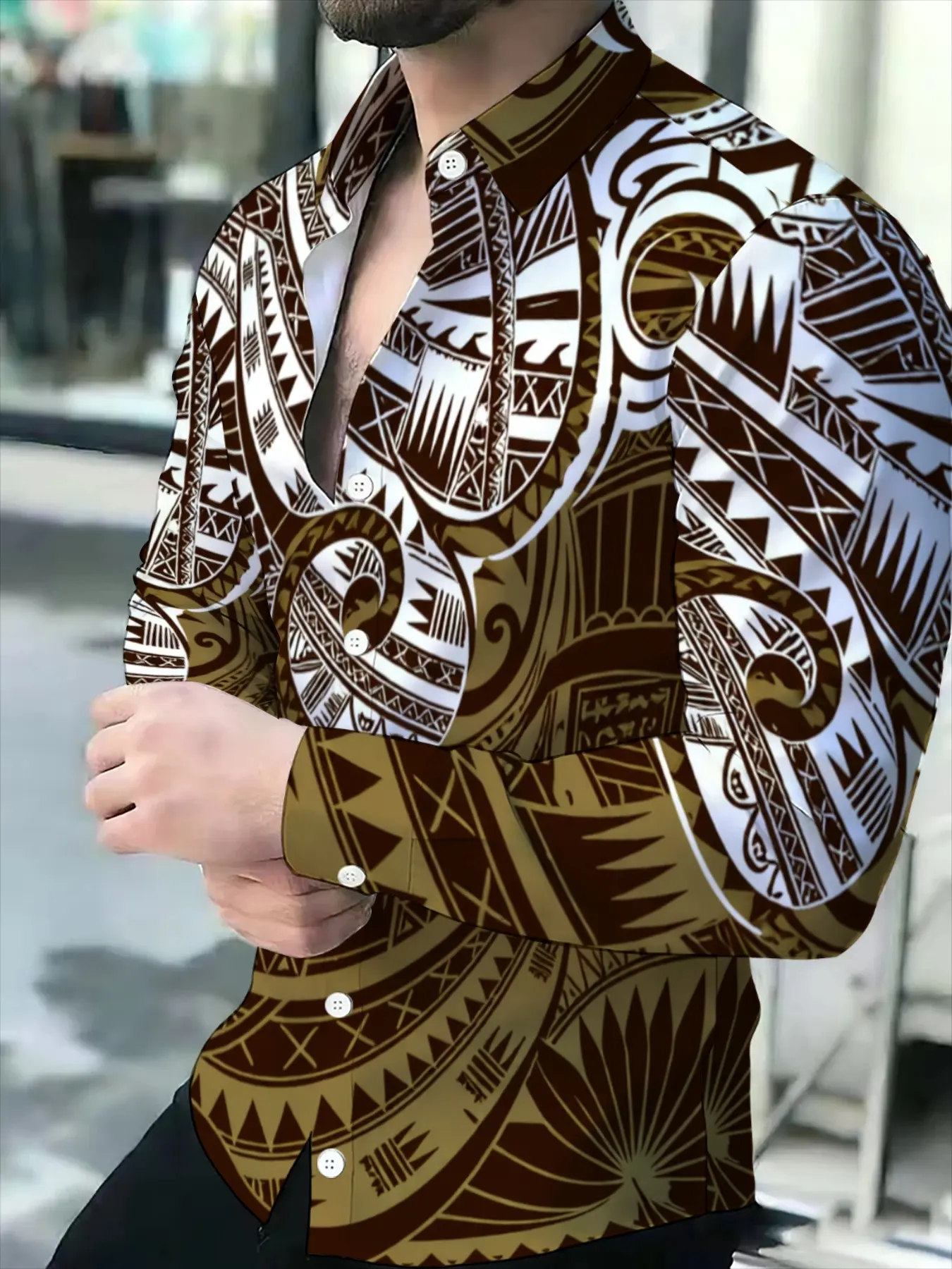 Light Blue Base with Tribal Totem All-Over Print Men's Long Sleeve Polynesian Shirt
