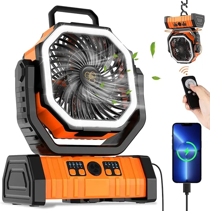NEW 20000mAh Camping Fan with LED Lantern,Rechargeable Battery Powered Oscillating Fan with Hook and Emergency Light, Portable Tent Fan with Timer, 4 Speeds, Suitable for Outdoor Camping RV Power Outage,Orange, Green