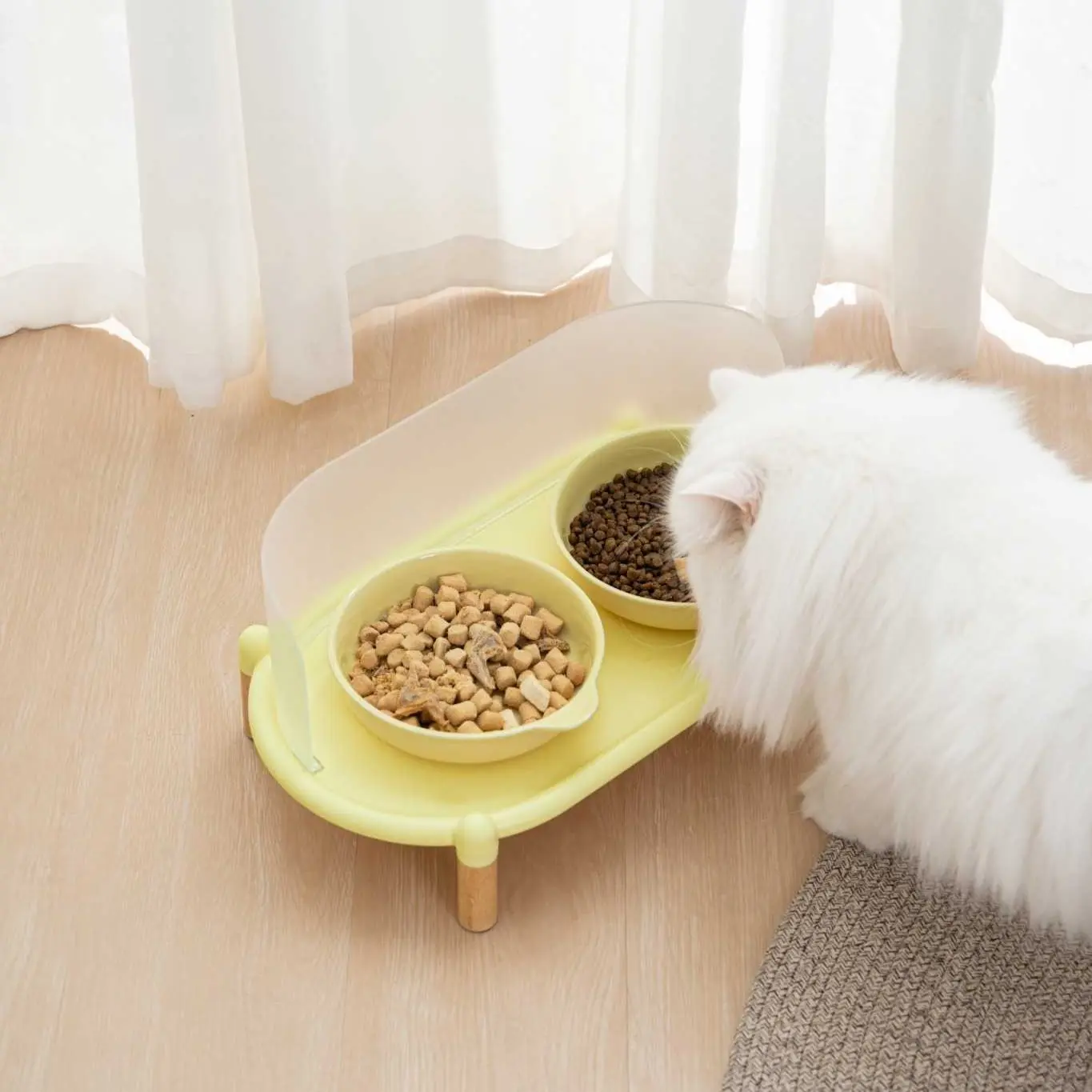 Bubble Dining Table Elevated Slow Feeder with Two Adorable Bubble Shaped Bowls for Small to Medium Pets Yellow Purple Color Splash Guard