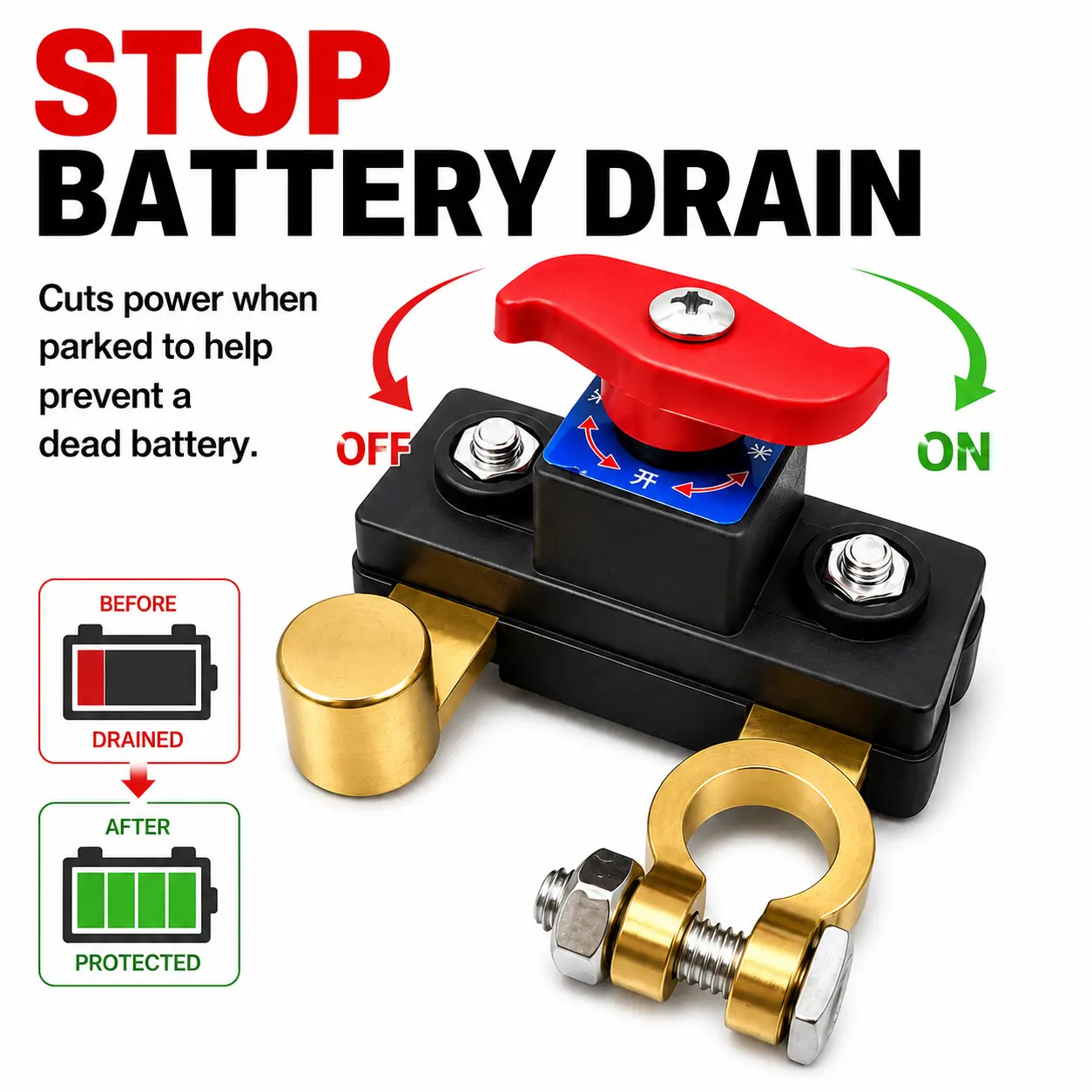 Heavy Duty Copper Battery Disconnect Switch 12V 24V Universal Anti Battery Drain Cut Off Kill Switch for Car Truck RV Boat Quick Power Isolation Anti Theft Long Parking Battery Saver Terminal Switch