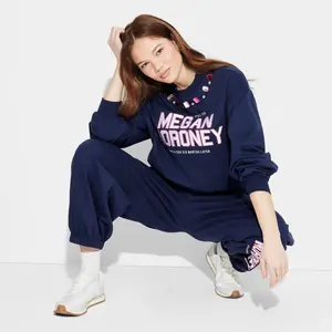 Women's Crewneck Megan Moroney Jeweled Fleece Graphic Pullover Sweatshirt - Navy Blue XXL