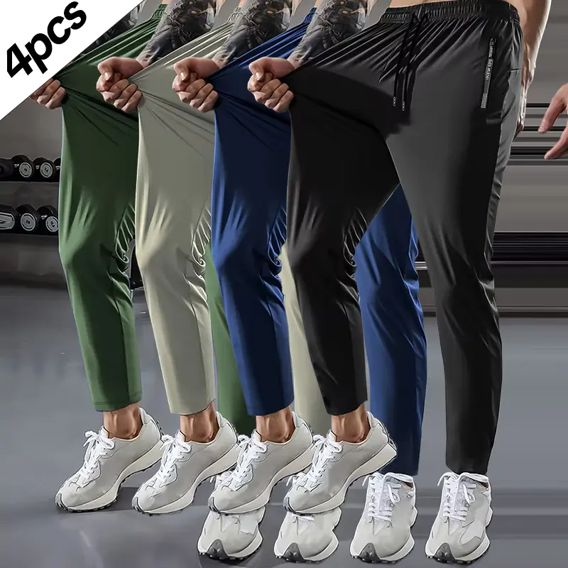 4PCS--Men's Sports Pants, Drawstring Waist, Zipper Pockets, Comfortable and Breathable High Elasticity Fabric, Suitable for Outdoor Jogging, Gym, Casual Nine-Point Pants