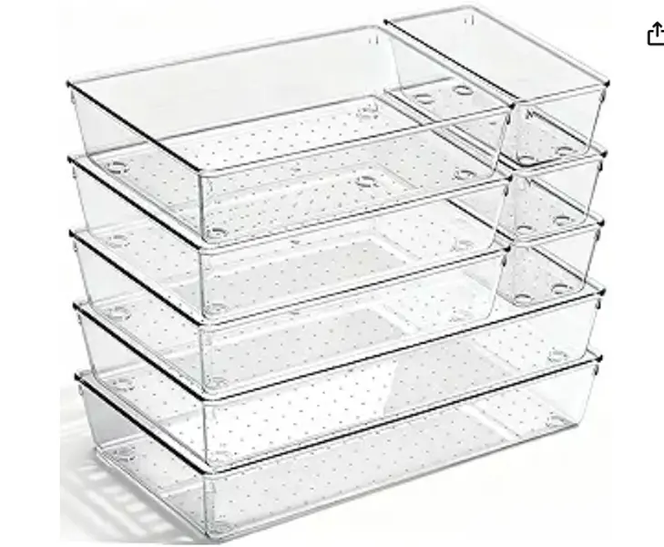 8 Pack Clear Plastic Drawer Organizer Bins, Bathroom Drawer Organizer Trays, Heavy Duty Kitchen Drawer Dividers for Utensils, Non-Slip Storage Bins for Makeup, Bedroom, Office Desk