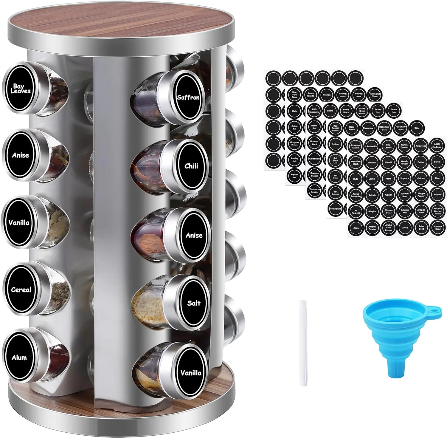 [Christmas deal] Rotating Spice Rack Organizer, 20 Jars Revolving Seasoning Organizer for Cabinet, Stainless Steel Spice Tower for Kitchen Countertop with Reuseable Labels and Funnel Glass Lid