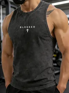 Men's Washable Vest Blessed Cross Print High-Quality Cotton Breathable Moisture-Wicking Fitted Muscle Fit Round Neck Gym Fitness Workout Vest