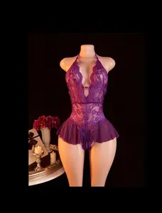 Bodysuit, Hollow-Out Deep V Open-Back Lace-Up, with Neck Tie