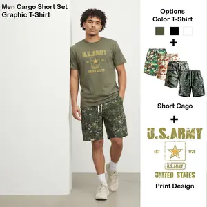 Two-Piece Set Men’s Camo Cargo Shorts & Print Tee – Vintage Army Style Graphic Tee & Lightweight Summer Outfit, Casual Streetwear, Clothes For Outdoor, Gym Set, Gift for Him