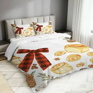 3PCS Duvet Cover Set, 1 Duvet+2 Pillowcases(Without filler), Christmas Cinnamon Roll Bow Lantern Pinecone Theme, Christmas bedding set, Festive Cozy Warm Winter Suitable for decoration bedroom, guest room, living room, vacation home.