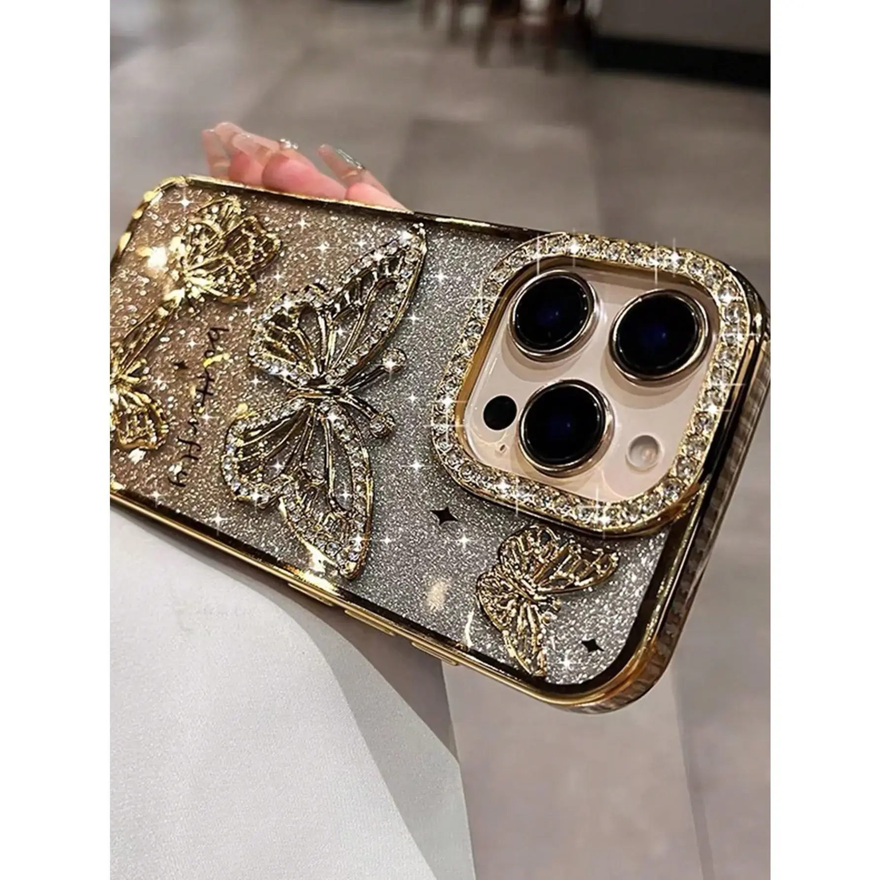 Butterfly Phone Case for iPhone 17,16,15,14,13,12 Pro Max - 3D Rhinestone, Ombre Glitter, Electroplated Soft TPU Shockproof Protector with Geometric Plant Design Cellphone Cover Accessory