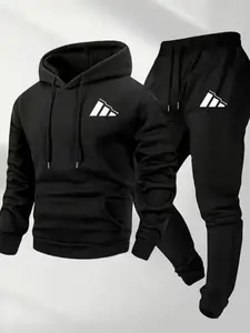 Men's Fleece Thick Hooded Sweatshirt and Pants Set, Casual Sportswear Two-Piece, Knit Polyester Fabric, Pattern Print, Fall & Winter