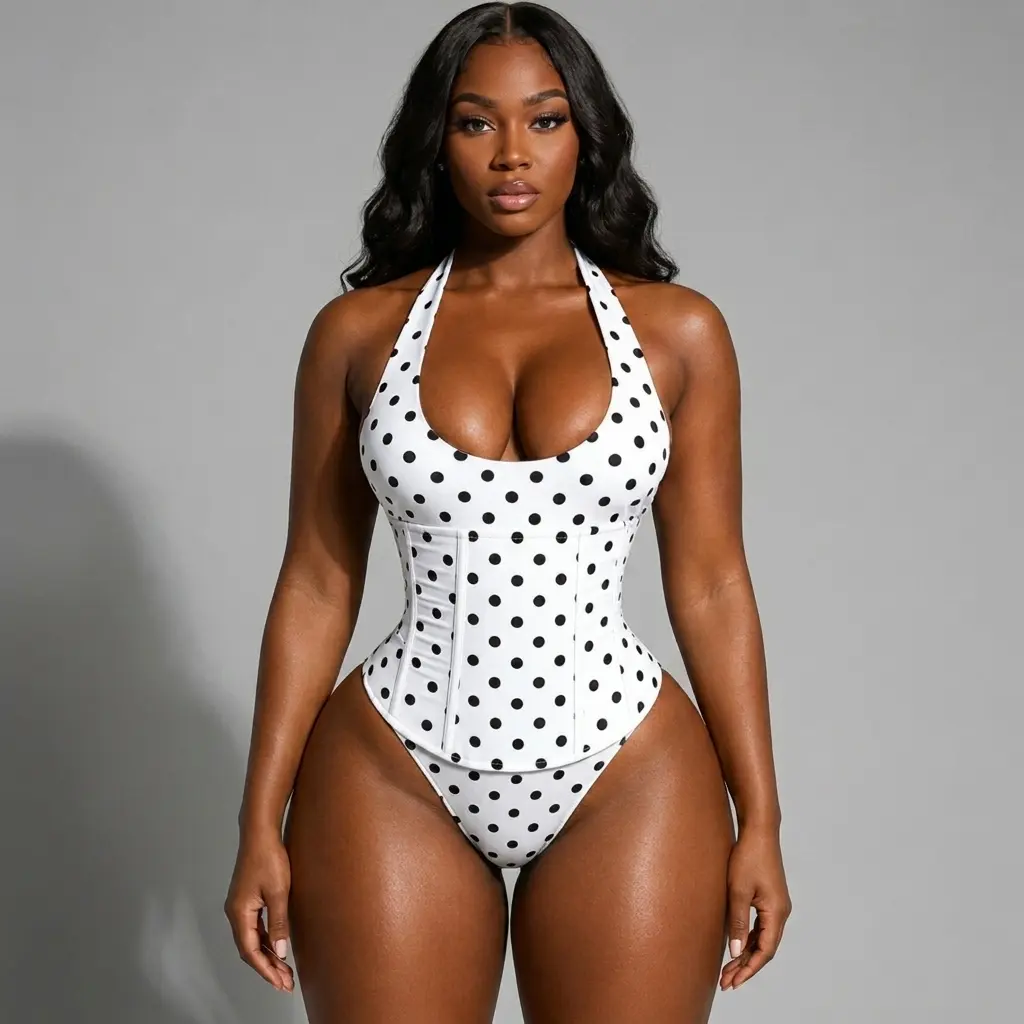 ChicCurve Women's Retro Polka Dot Halter Neck Bodysuit with Matching Corset Set, Sexy High Cut Scoop Neck Shapewear Leotard with Waist Training Cincher, Tummy Control 2 Piece Outfit for Party & Clubwear