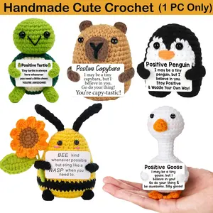 Handmade Crochet Tiny Capybara with Cheer Up Card, Knitted Funny Penguin Animal Doll, Desk Decor & Birthday Gift for Friends, Handmade Crochet Figure, Crochet Animals