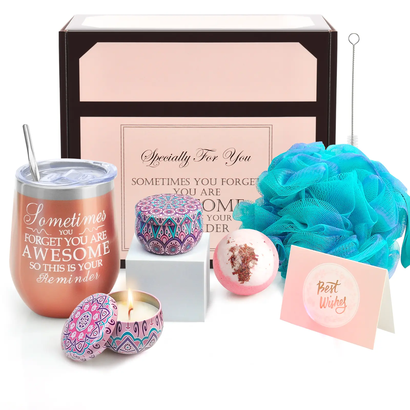 Self-Care Spa Gift Basket Set - "Sometimes You Forget You Are Awesome"/"Not A Day Over Fabulous" Insulated Tumbler, Candle, Bath Bomb, Relaxing Gift Box for Adults, Birthday Christmas Occasions, Scent, Gifts For Women