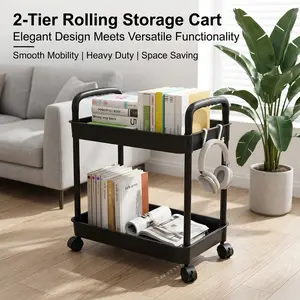 Bedside Use, 2-Tier Rolling Storage Cart with Wheels – White or Black – Compact & Mobile