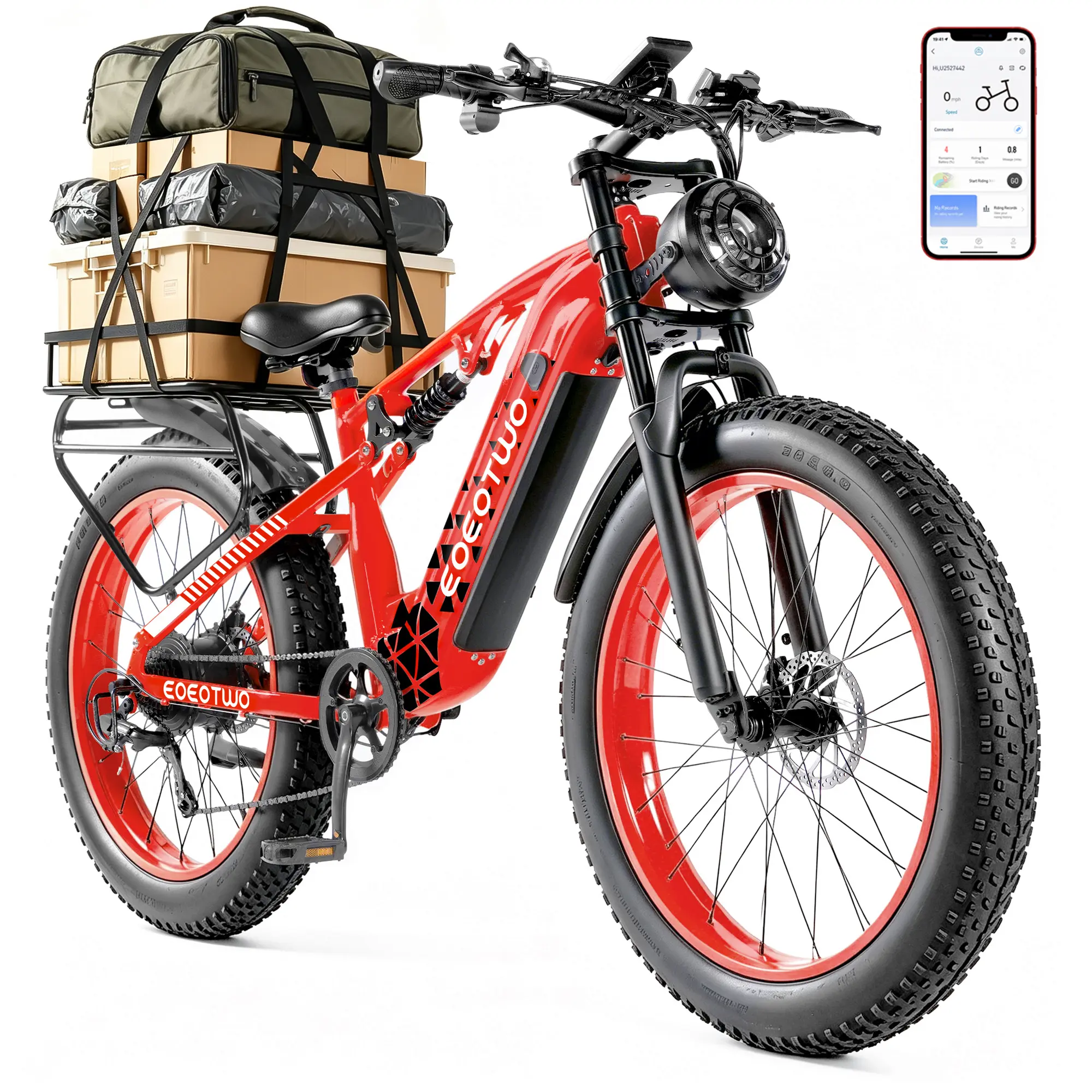 EOEOTWO E03 Peak 1500W E-bike, 48V 17.5Ah Removable Battery, 60 Miles Pedal Assist E-Bike, 34MPH Top Speed, Full Suspension Fat Tire Electric Mountain Bike for Adults, 7-Speed & 5 PAS Modes, Dual Disc Brakes for Off-Road, Commuting & Adventure