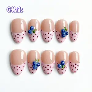 G Nails A95 Blue Berry 10pcs Handmade Press On Nails with 3D Blue Berry Design & Pinky Polkadot for Springnails Premium Craftsmanship