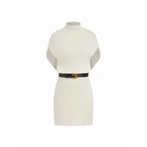 Cider Cotton-blend High Neck Batwing Sleeve Straight Mini Dress With Belt Dealsforyou