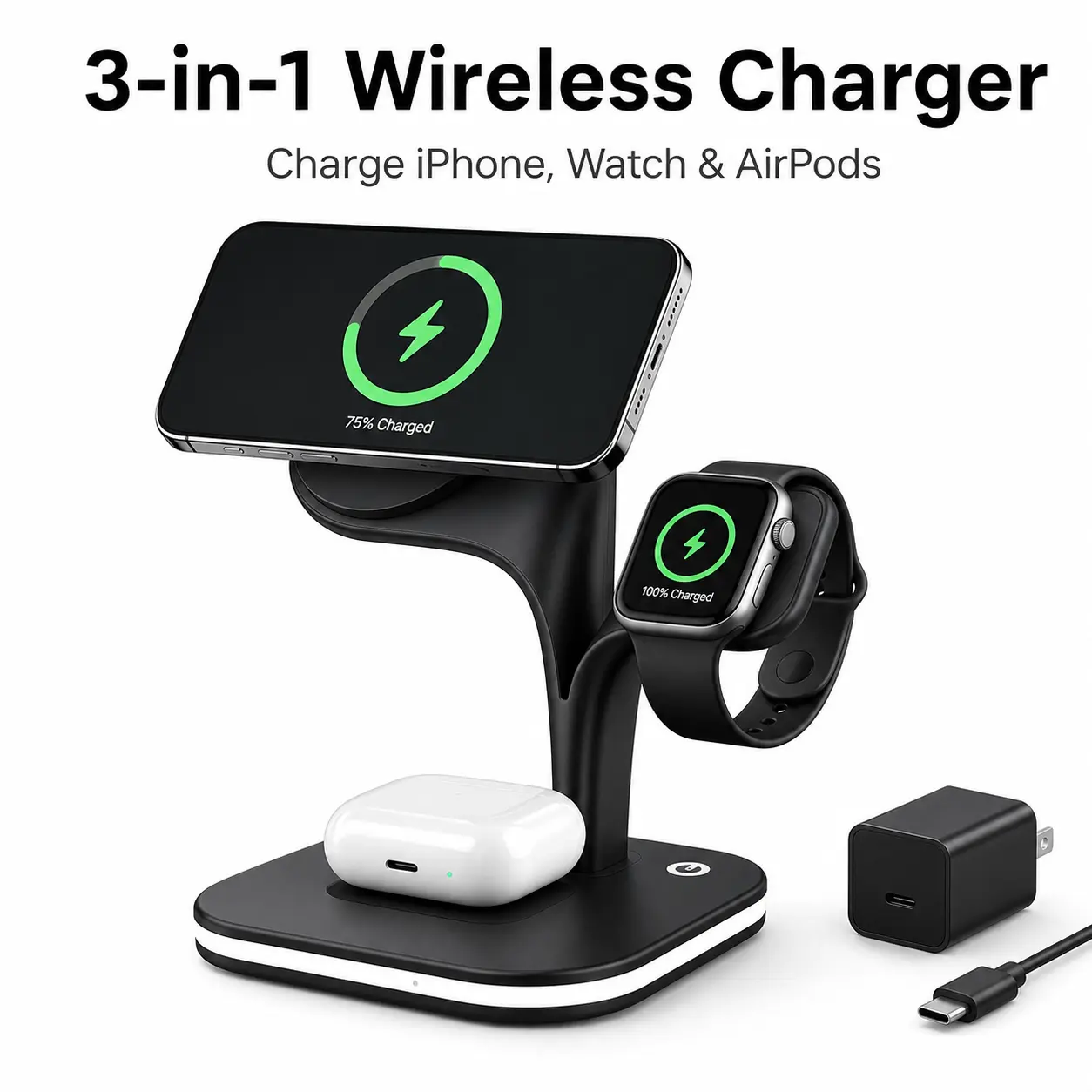 3-in-1 black MagSafe Wireless Charging Station, 15W Fast Foldable Charger for iPhone, AirPods & Apple Watch
