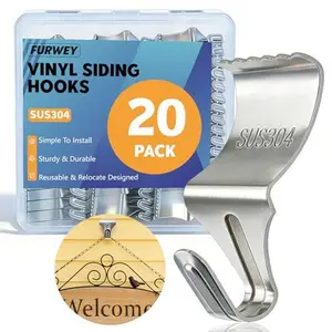 20 Pack Vinyl Siding Hooks, Heavy Duty Stainless Steel No Hole Clips for Outdoor Lights, Wreaths, Mailboxes, Flags, Ornaments, Patio Decor, Rustproof, Industrial Wall Mount Siding Clips, Perfect for Holiday & Seasonal Decorations, Supports Up to 18 lbs