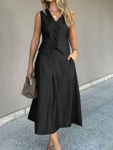 Women's Striped Print Vest & High Waist Skirt Two-piece Set Outfit, Casual Sleeveless Button Front Top & A Line Skirt for Work Office Business, Ladies Summer Clothes, Womenswear