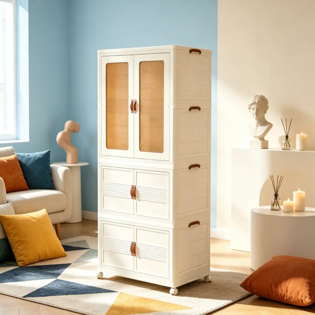 Compact Rectangular PVC Foldable Storage Wardrobe with Lid, Magnetic Doors, Lockable Wheels - Stackable Plastic Closet Organizer Set, Multi-Room Fit for Living Room, Bedroom