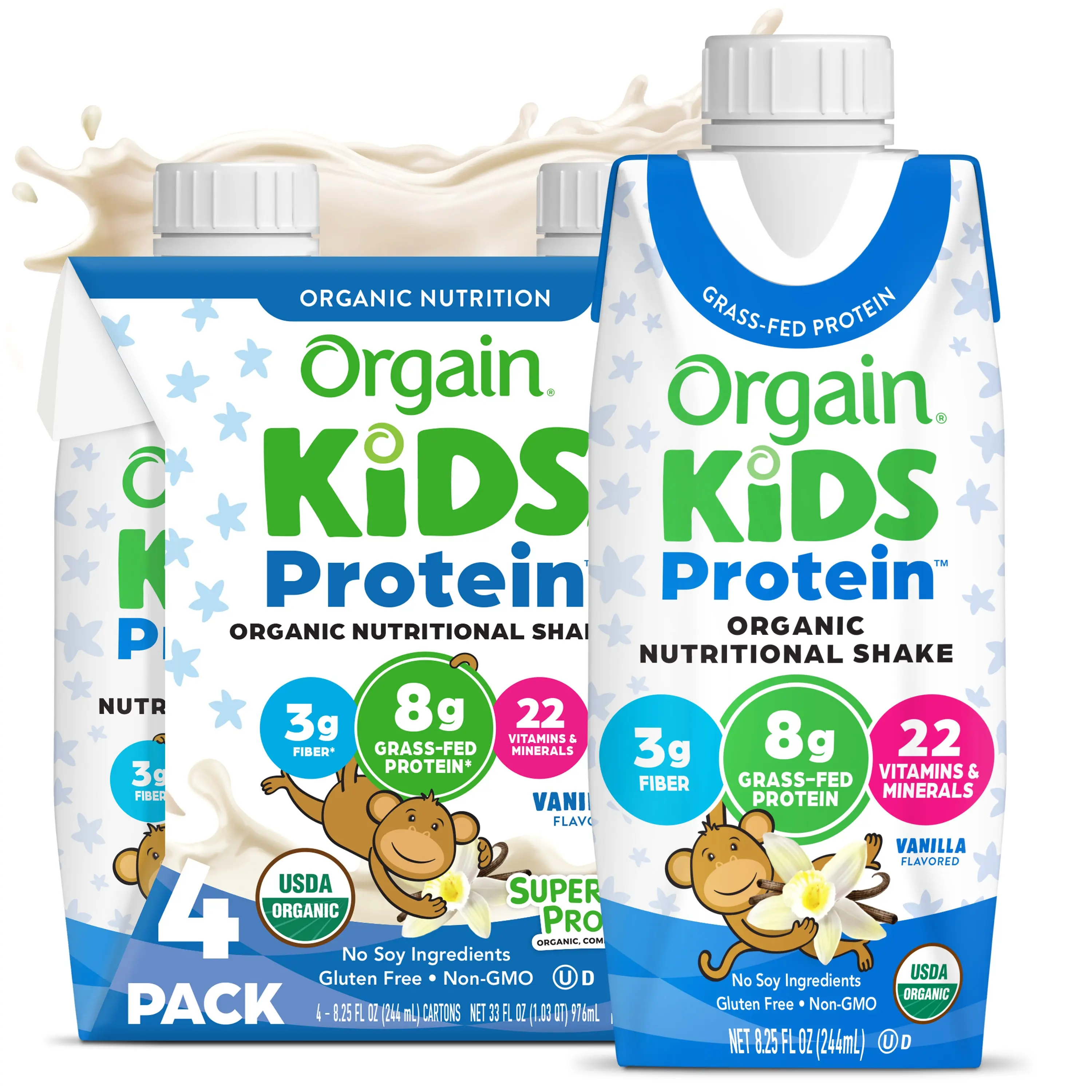Orgain Kids Organic Nutrition Shake Vanilla 4-Pack | 8g Grass-Fed Protein | 22 Vitamins & Minerals | Organic Fruits & Vegetables | Ready-to-Drink Kids Shake