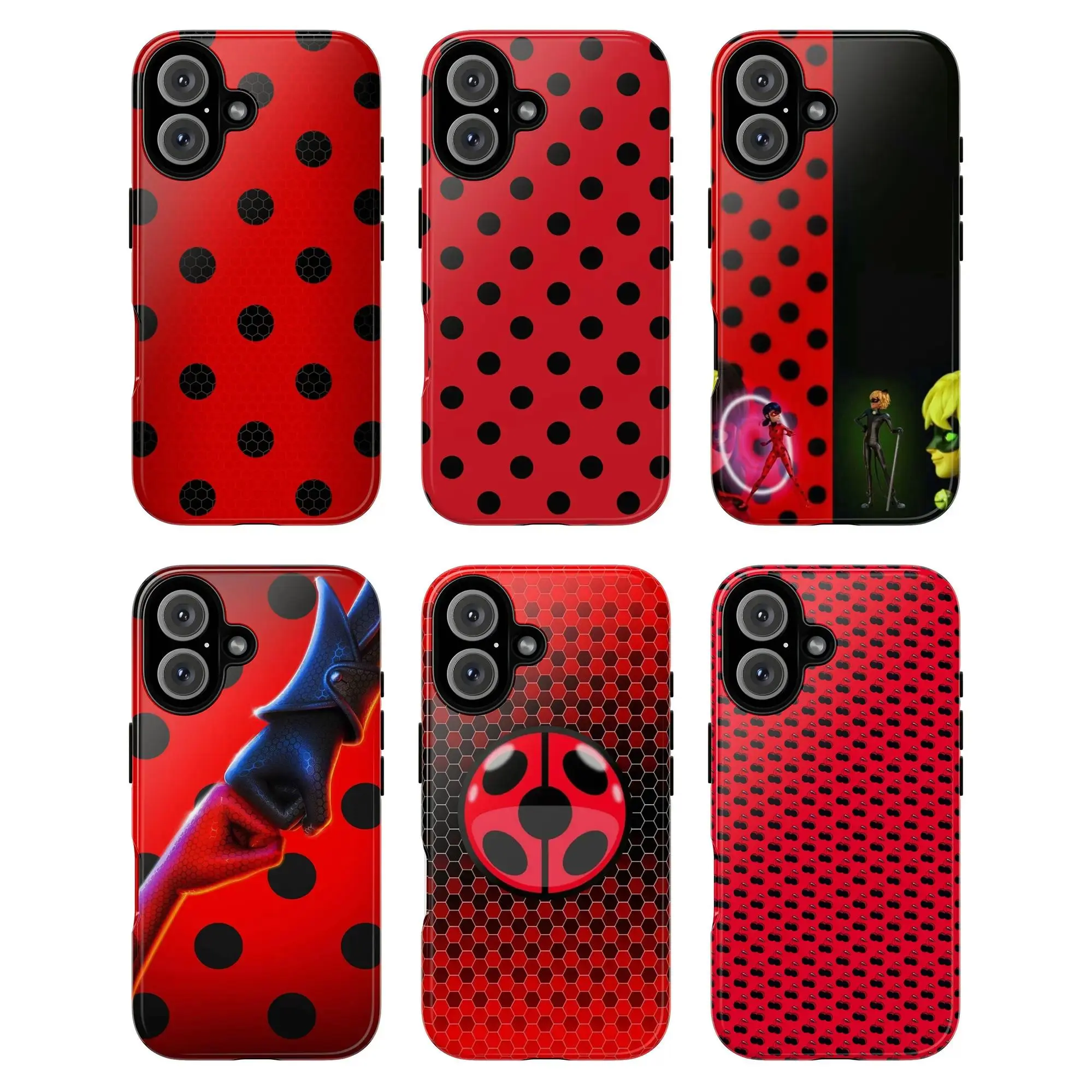 *Miraculous: Ladybug & Cat Noir* Themed Phone Case — Featuring a red and black polka-dot design inspired by the cartoon characters Ladybug and Cat Noir. Compatible with iPhone 11–17 Pro Max/Plus series and Samsung Galaxy S23– series.